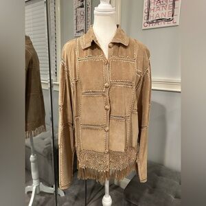 Vintage Lisa International Tan Suede & Crochet Fringe Jacket Size L NWT